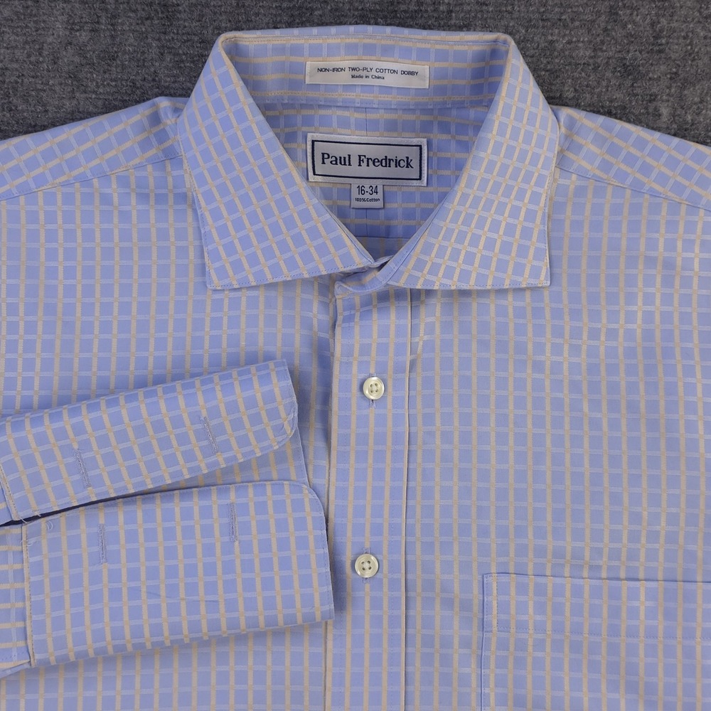 Paul Fredrick Dress Shirt 16 34 Blue Check Non Iron Spread Collar French‎ Cuff
